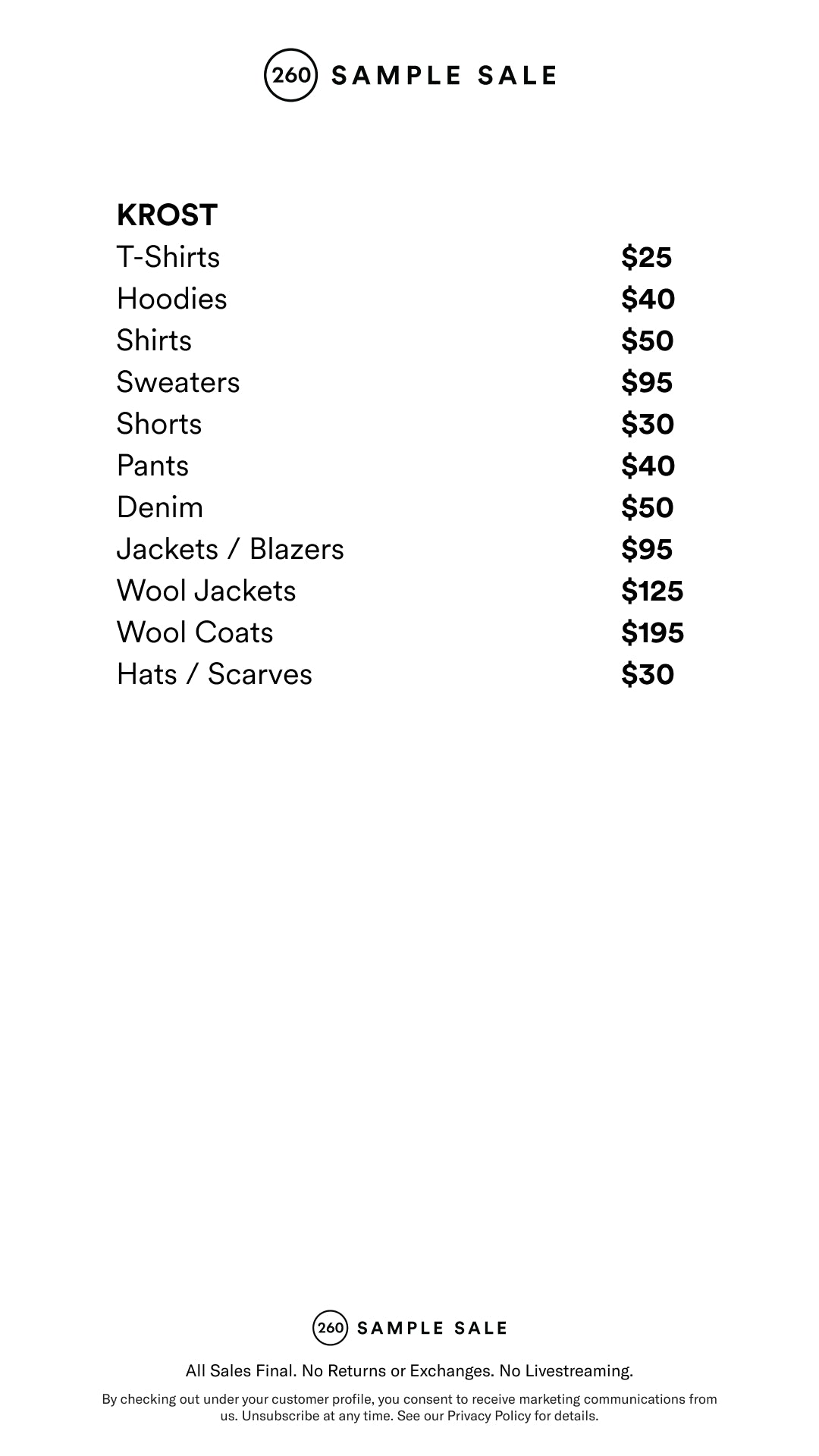 Price table