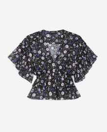 Short-Sleeved Silk Top With Print | Women | Black x Purple