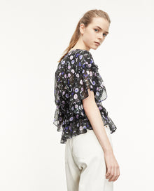 Short-Sleeved Silk Top With Print | Women | Black x Purple