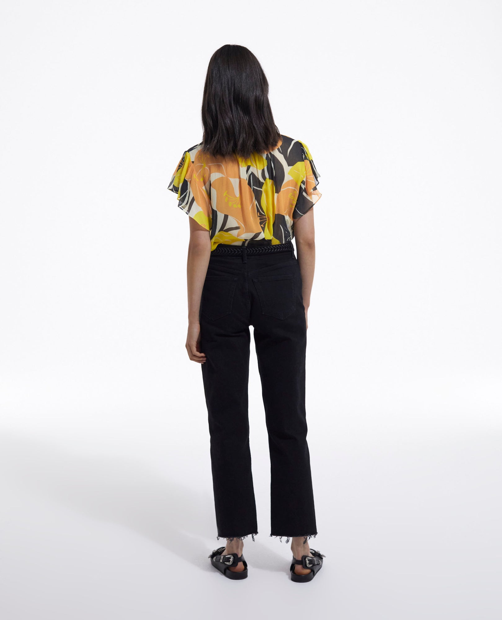 Flowing Printed Top With Frills | Women | Yellow