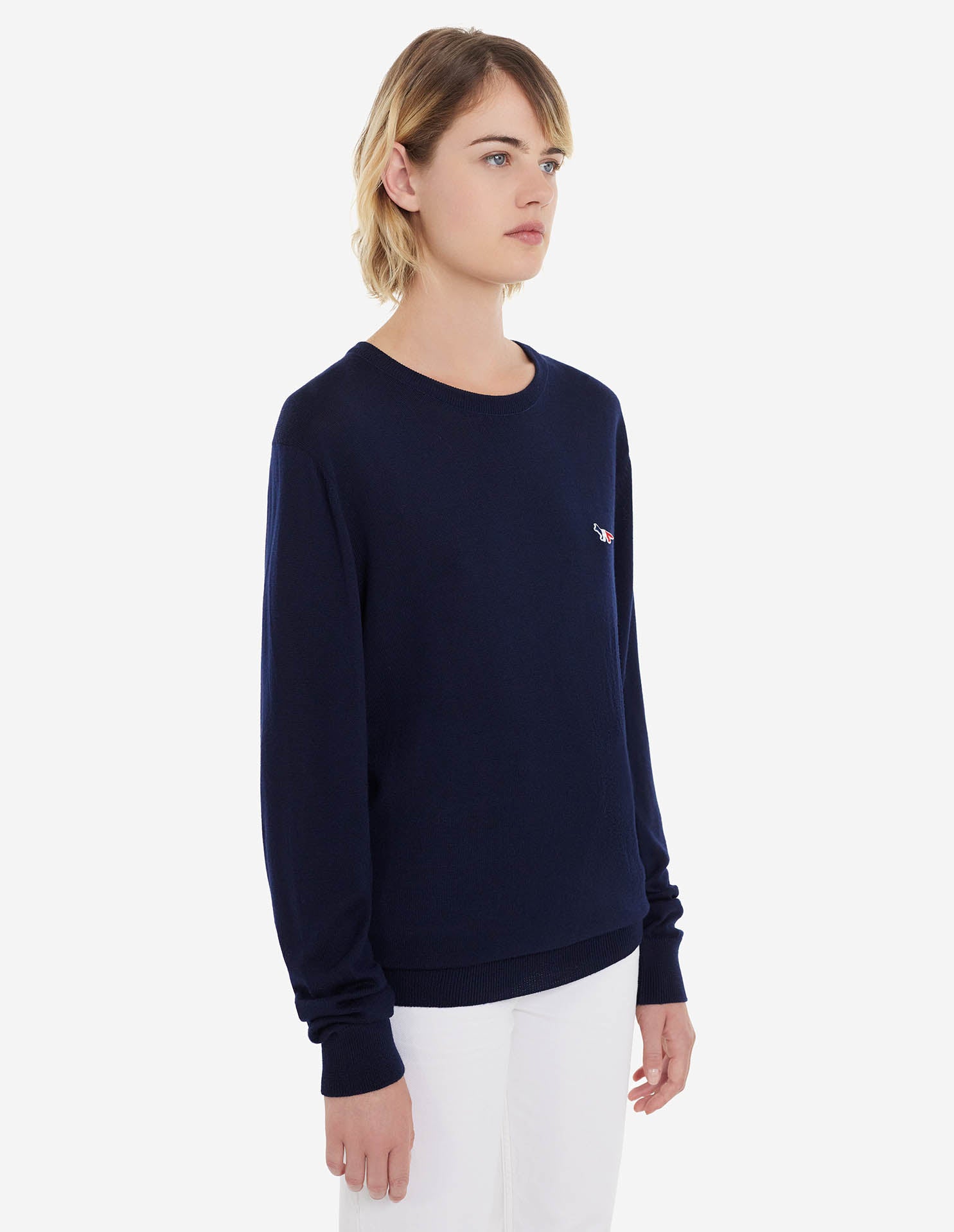 Unisex | Tricolor Fox Patch Classic R-Neck Wool Pullover | Navy