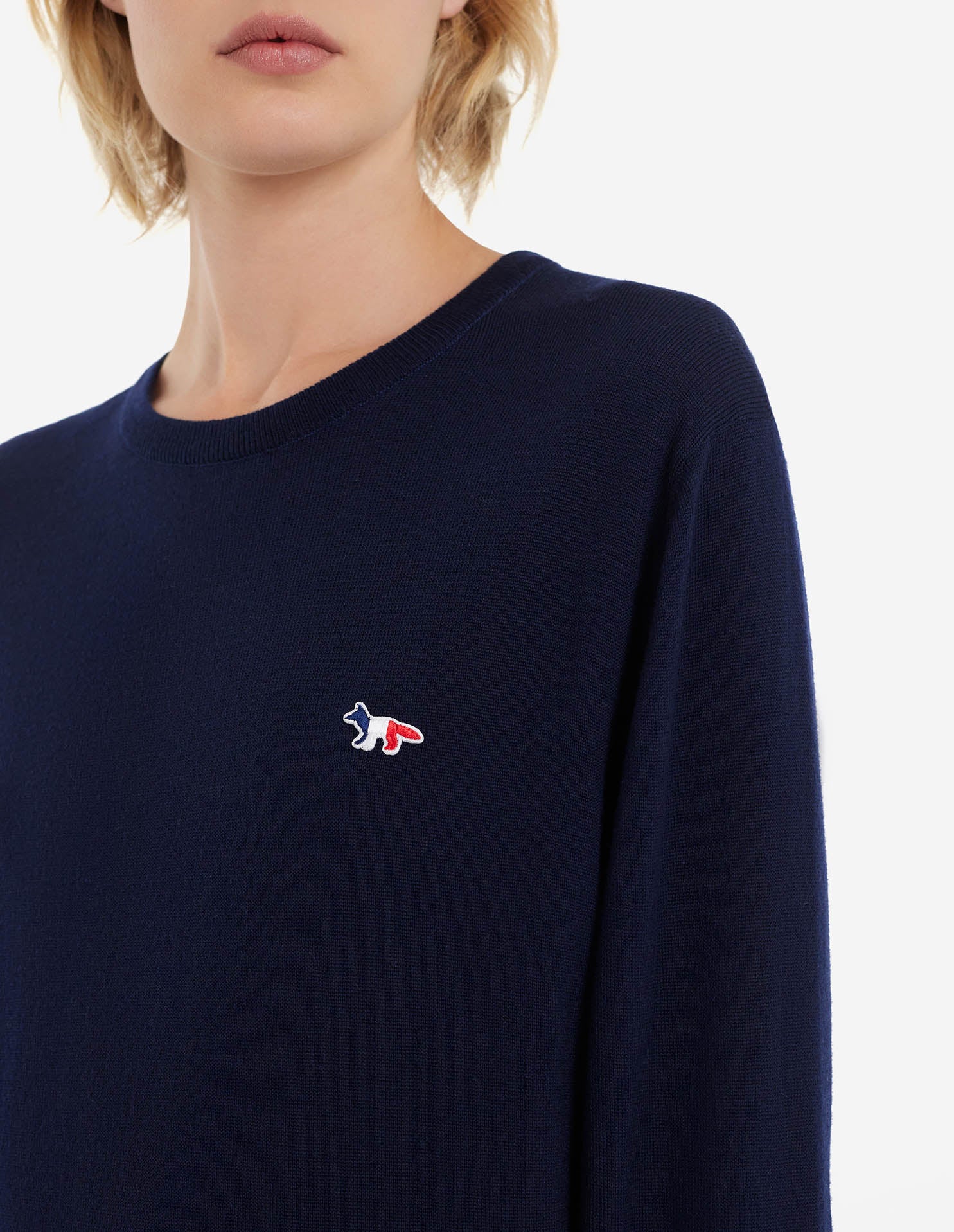 Unisex | Tricolor Fox Patch Classic R-Neck Wool Pullover | Navy