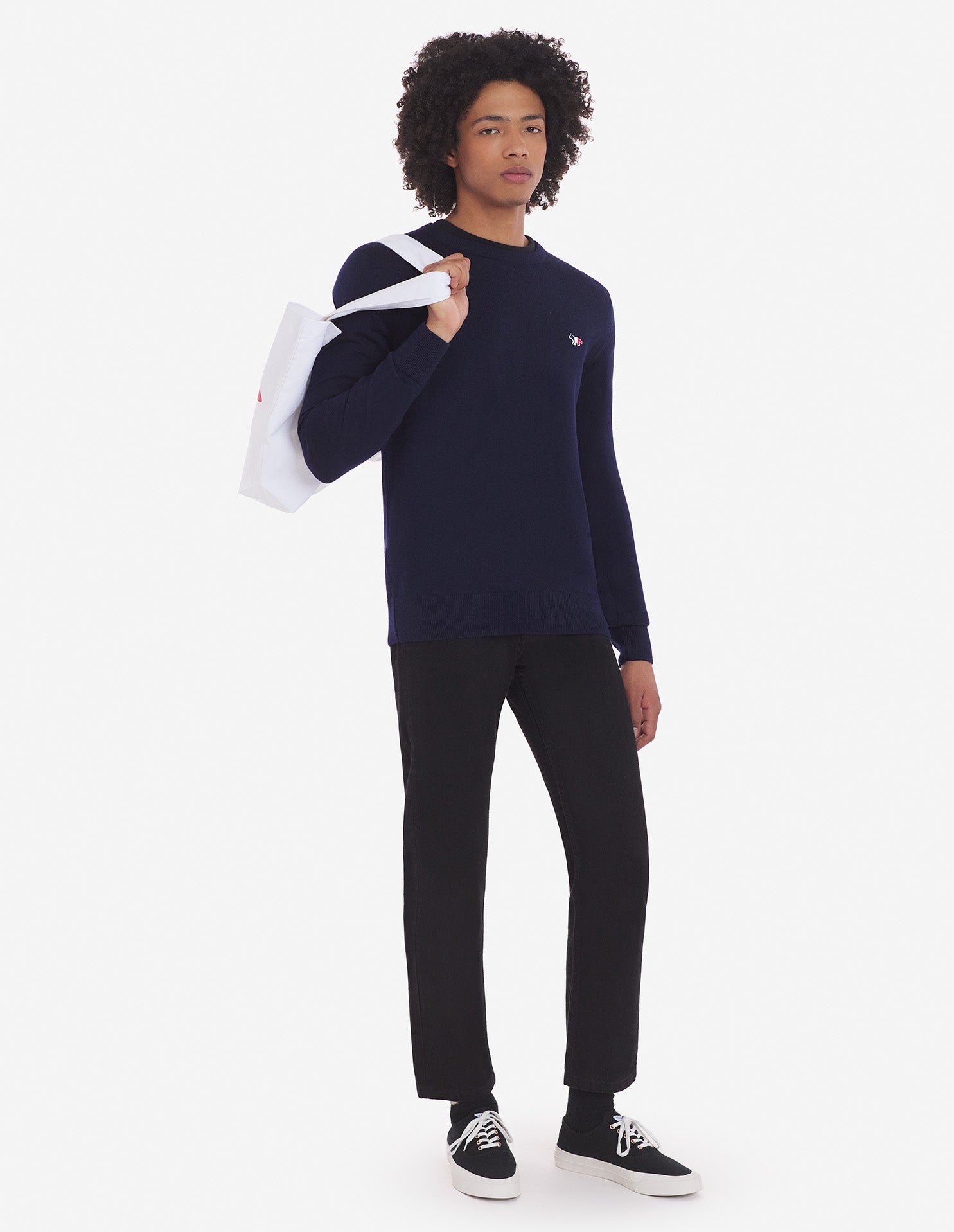 Unisex | Tricolor Fox Patch Classic R-Neck Wool Pullover | Navy