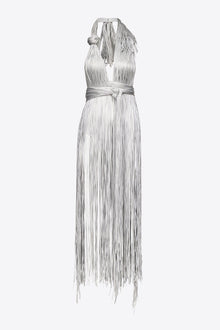 Metallic Fringe Halter Midi Dress | Silver