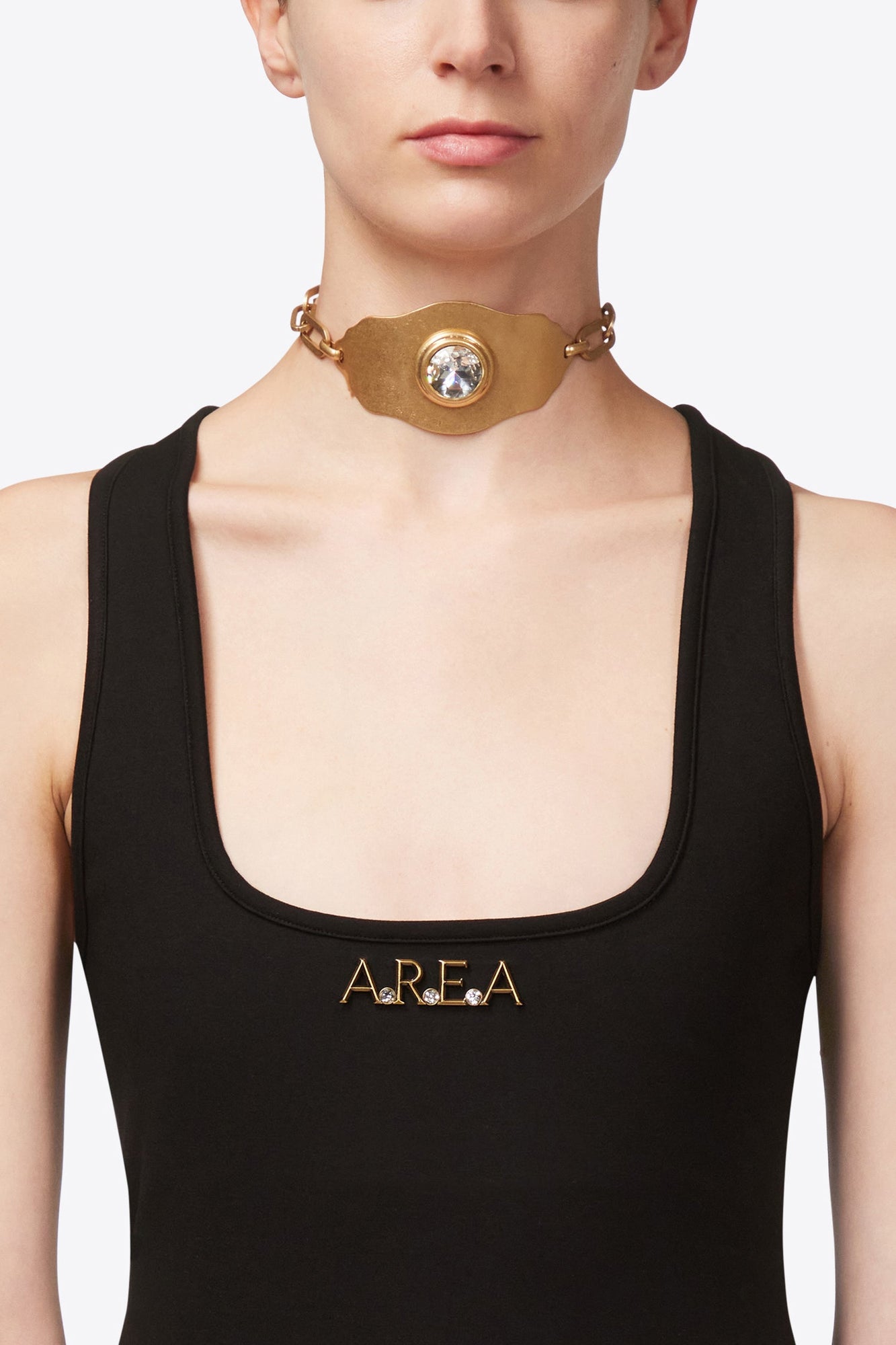 Crystal Chain Plate Choker Necklace | Antique Gold