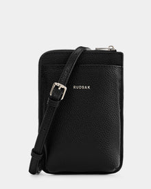 The Rudsak CELYN - L325514 Black is a stylish women’s pebbled leather crossbody bag with a front pocket, adjustable strap, silver buckle, and the Rudsak CELYN logo in silver on the front.