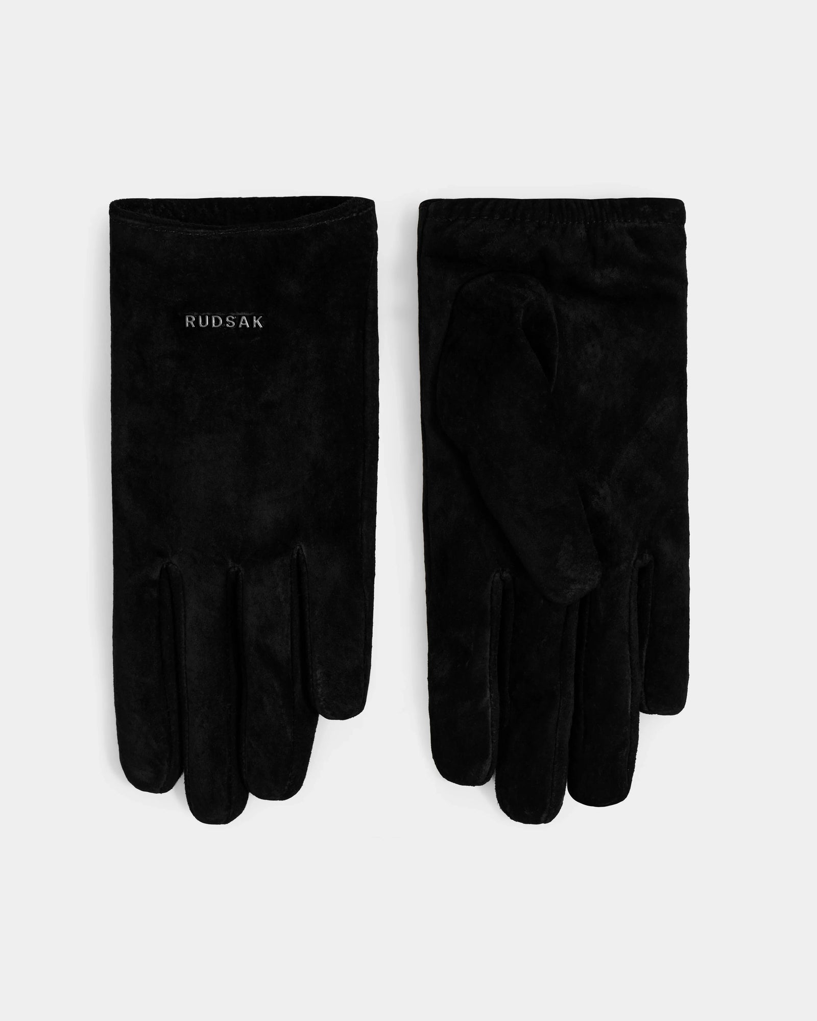 A pair of FLORA - L425542 black women’s suede gloves by Rudsak are displayed on a white background, with the left glove featuring a small white Rudsak logo near the wrist.