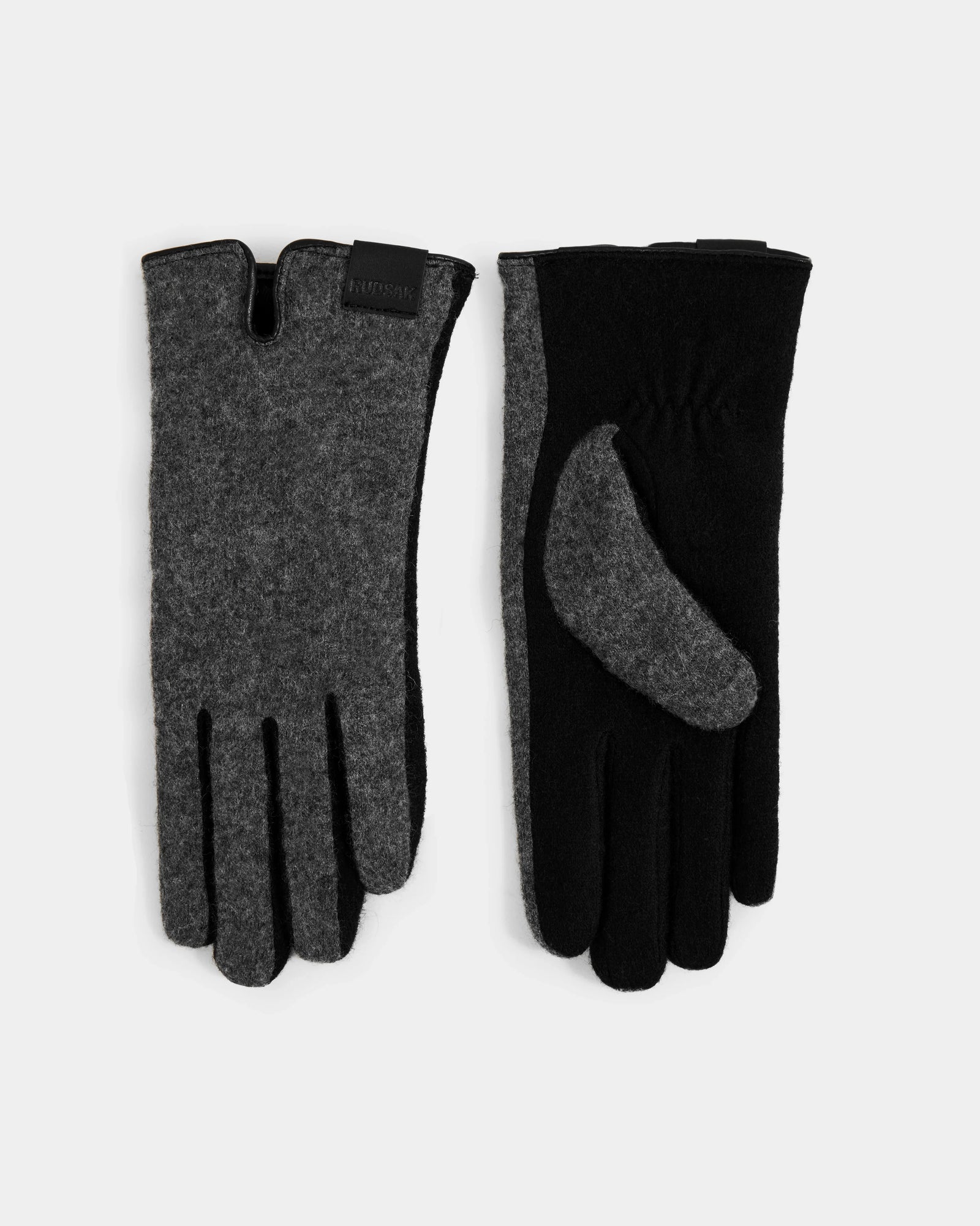 The OLGA - L425541 Grey women’s wool gloves by Rudsak, shown with one palm up and one down against a white background, feature soft, wool-like fabric in gray and black—an ideal accessory for cold weather.