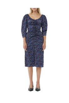 Floral Crinkled Satin U neck Midi Dress | Black