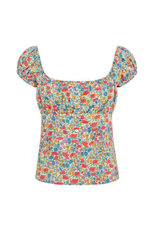 Multicolored floral patterned top with puffed short sleeves and square neckline.