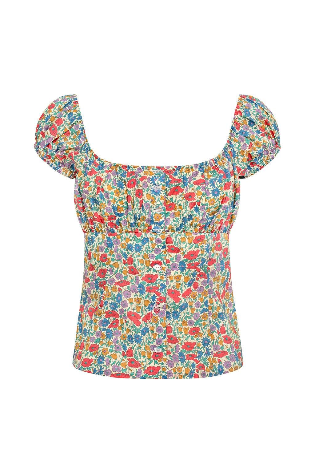 Multicolored floral patterned top with puffed short sleeves and square neckline.