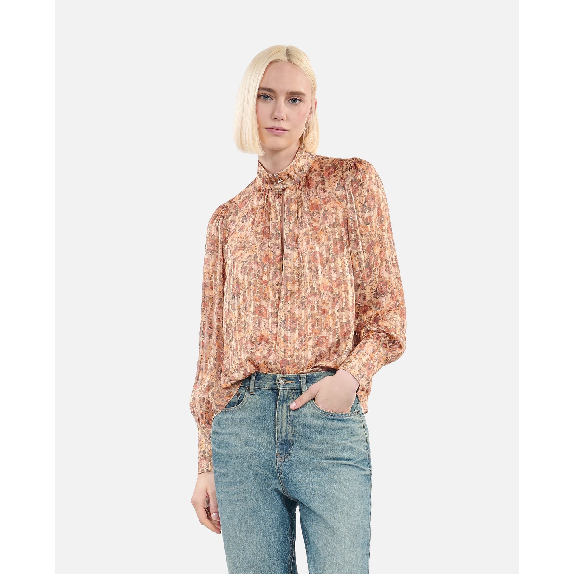 Flower Print Silk Top | Women | Camel x Brown