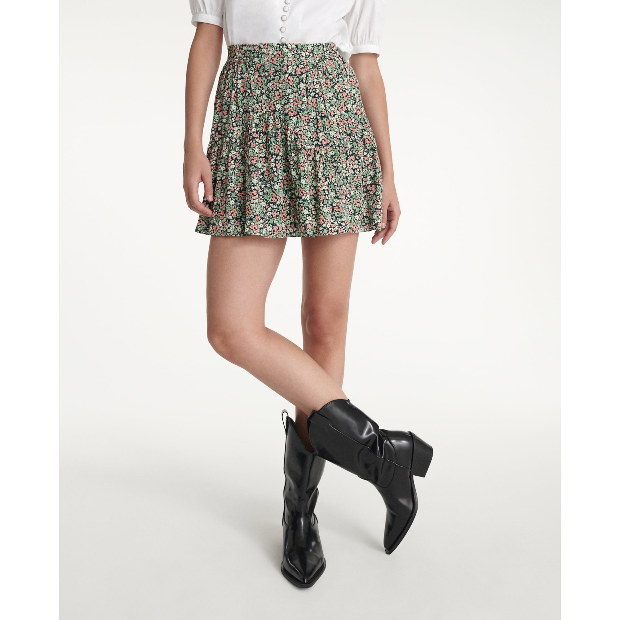 Flowing Short Frilly Skirt With Print | Women | Green