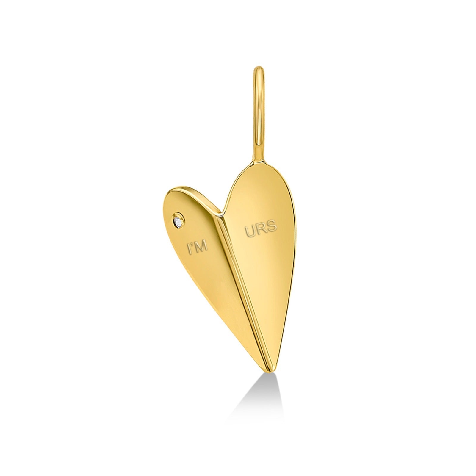 14K Gold Folded Heart Charm with white diamond with engraving IM URS on white background