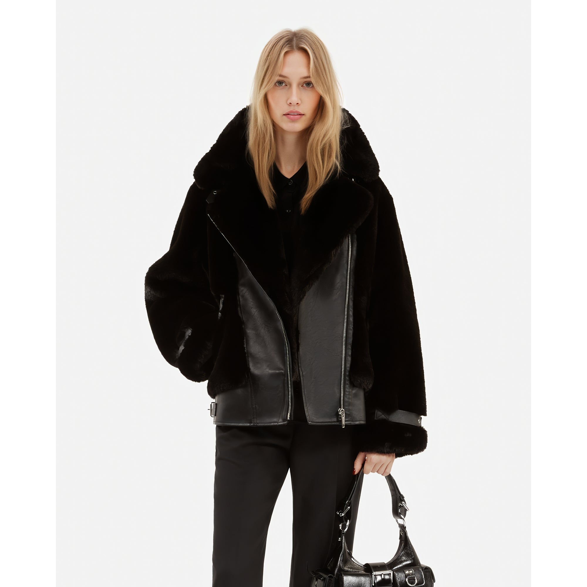 Fur-Effect Aviator Jacket | Women | Black