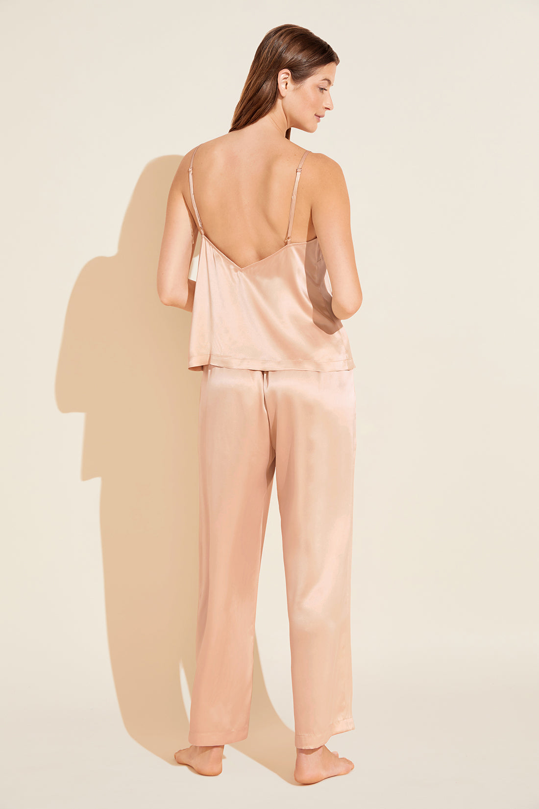 Model wears Inez Washable Silk Cami & Pant PJ Set in rose cloud.