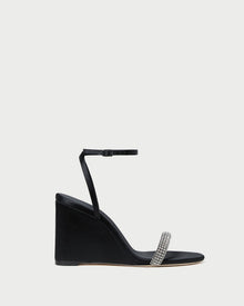 Gavi Black/Diamond Satin Wedge in black satin with crystal accents.
