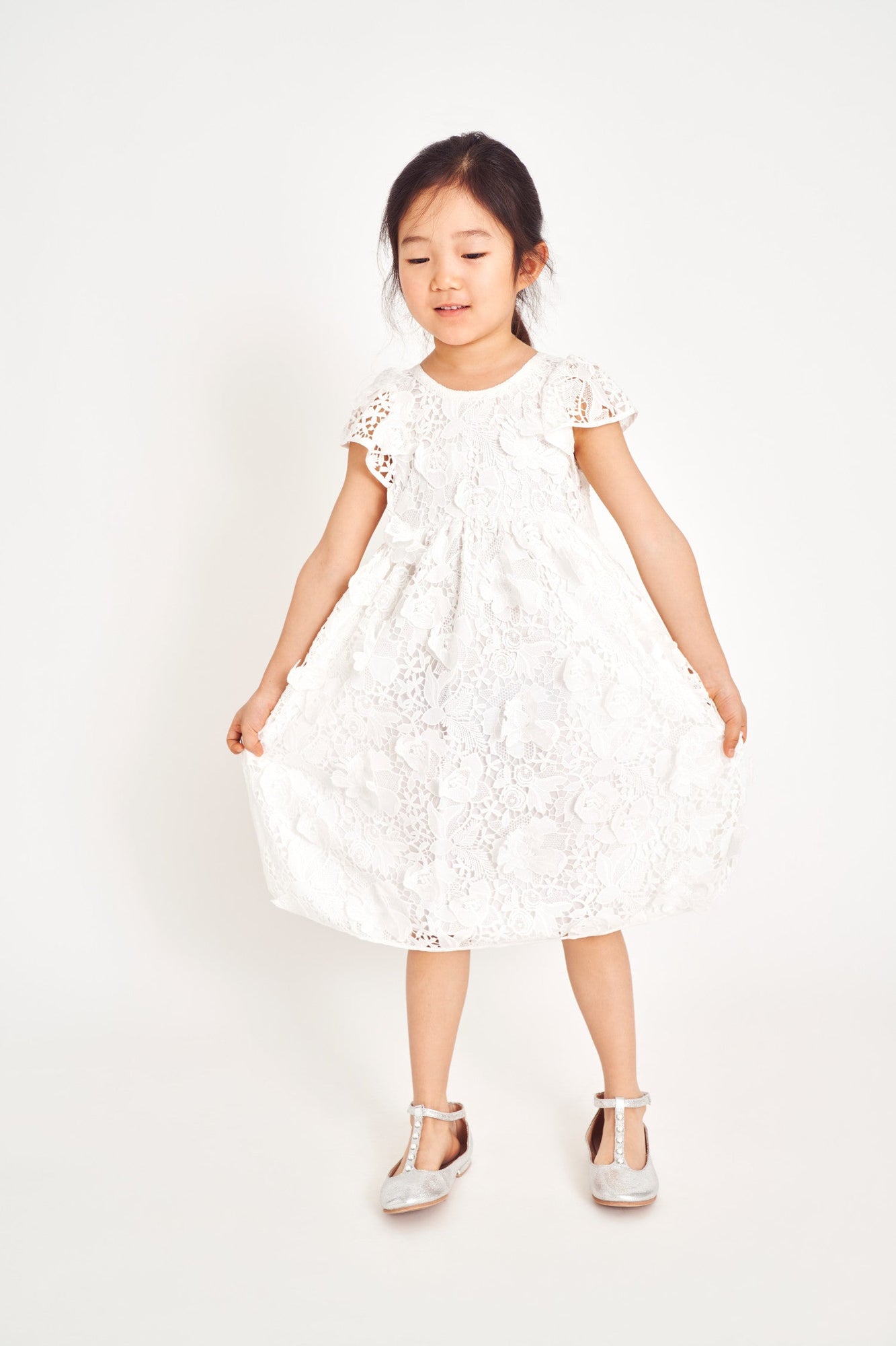 High neck, short flutter sleeve, sweeping skirt girls dress