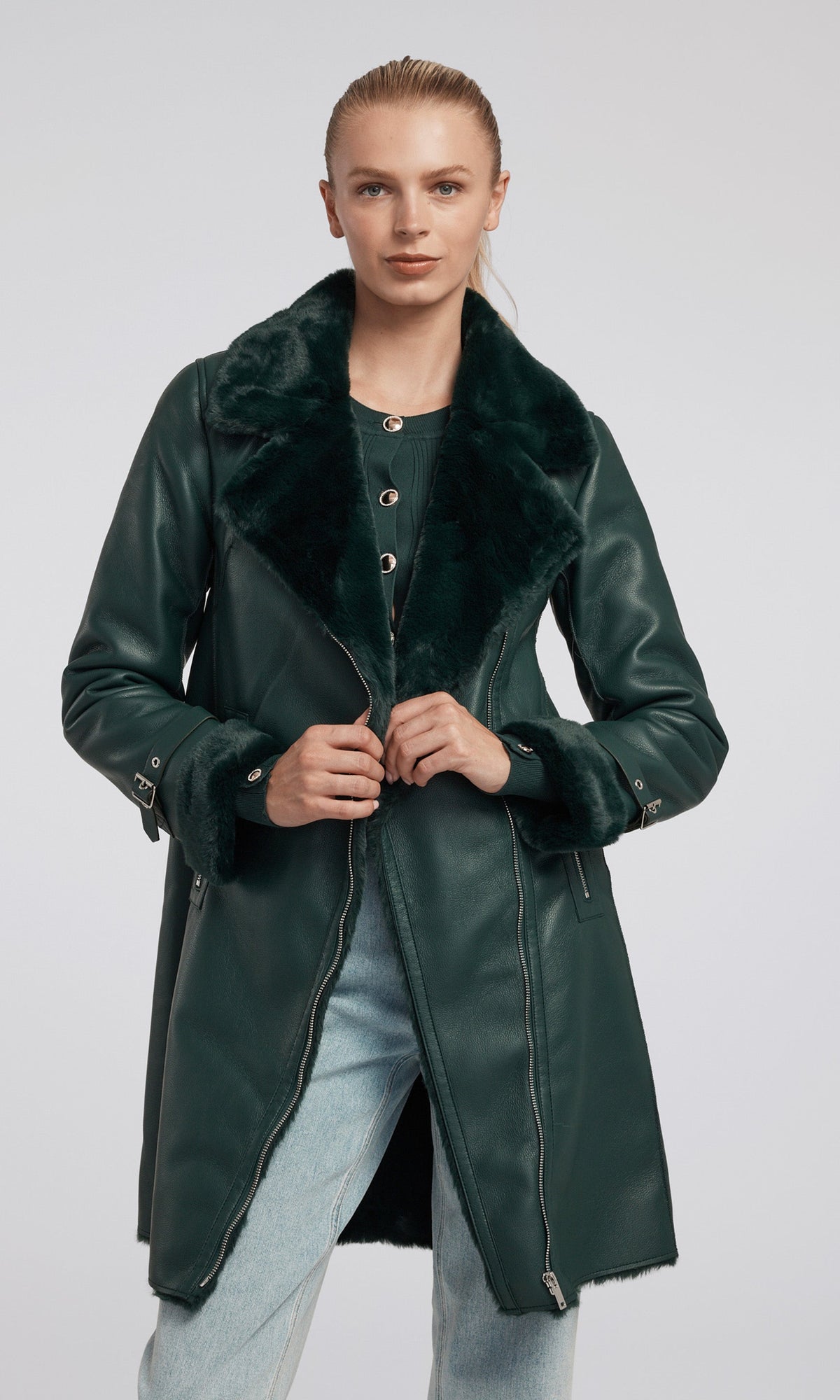 Carla Vegan Leather And Faux Fur Combo Coat | Forest