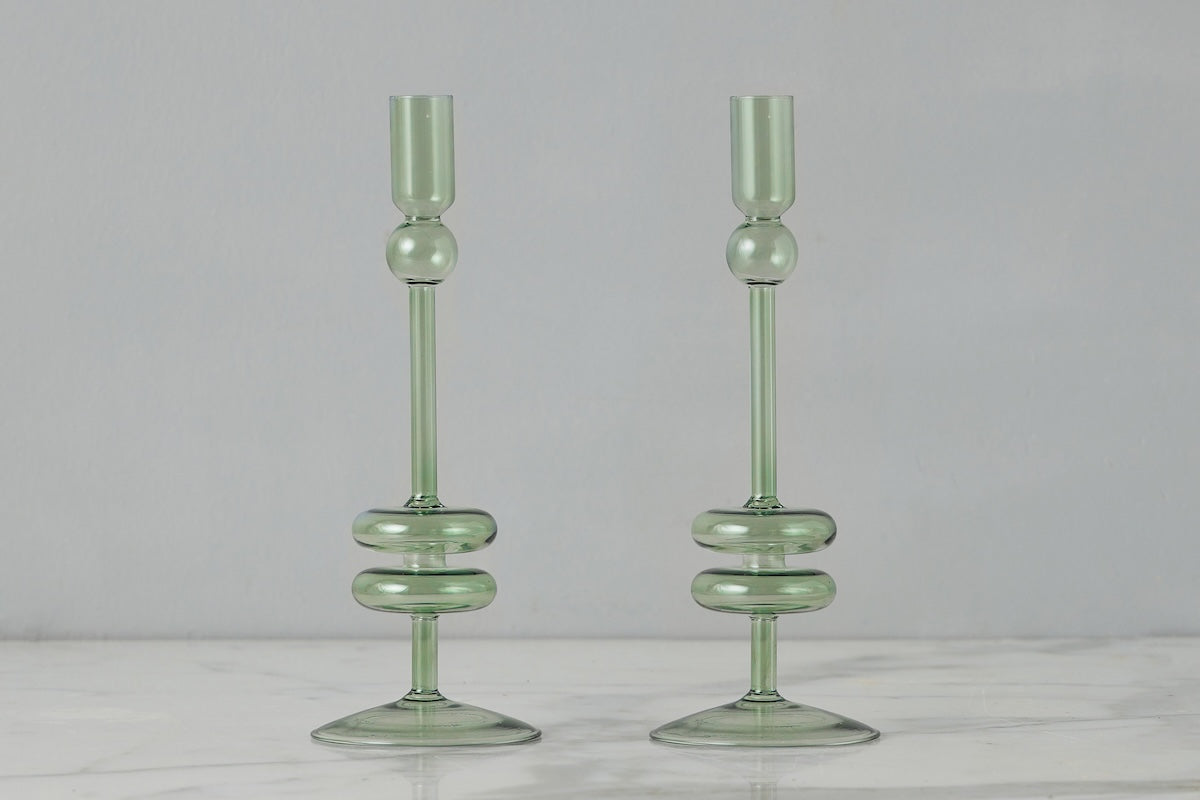 Glass Candlestick | Sage | Medium | Set of 2