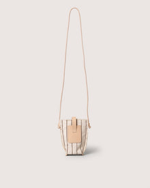 A compact crossbody, the Graf Lantz Hana Canvas Phone Crossbody is a small beige bag with vertical black stripes, a tan leather strap, and a tan leather flap closure—perfect for hands-free style against a plain white background.