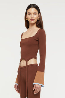 GINIA Hazel Tie top in Chocolate/Sky Blue