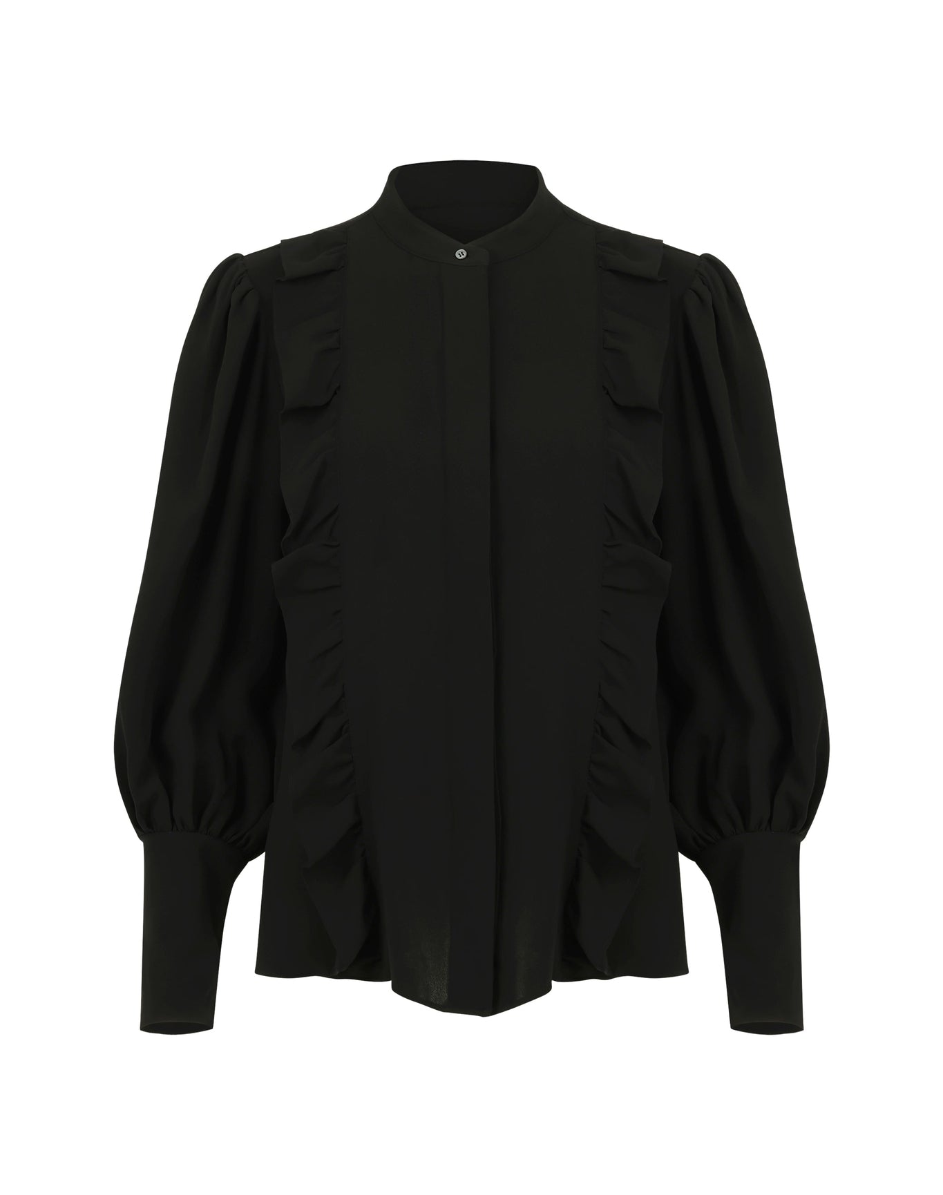 Gillian Silk Ruffle Detail Button Down Top | Black