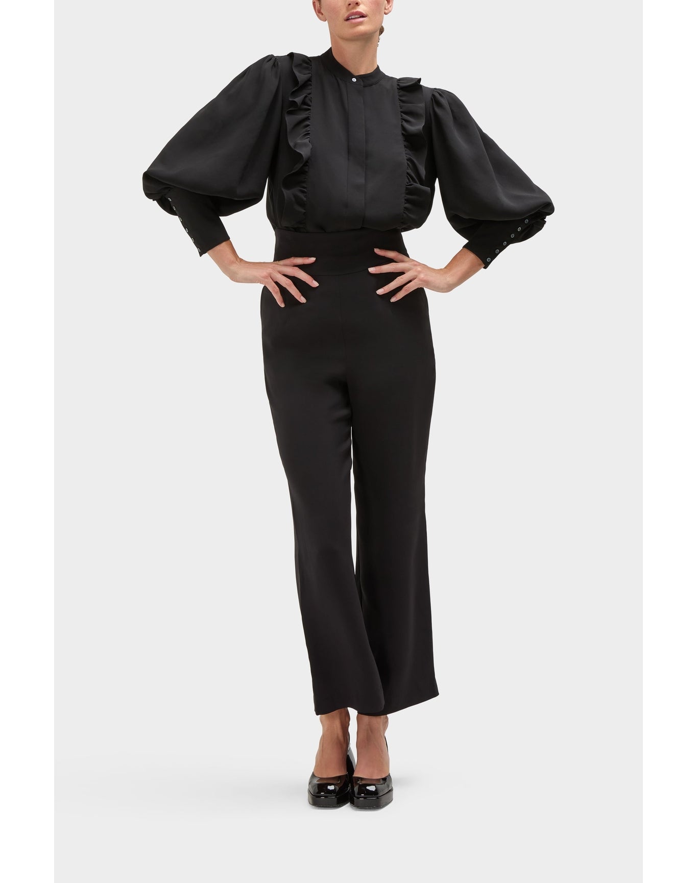 Gillian Silk Ruffle Detail Button Down Top | Black