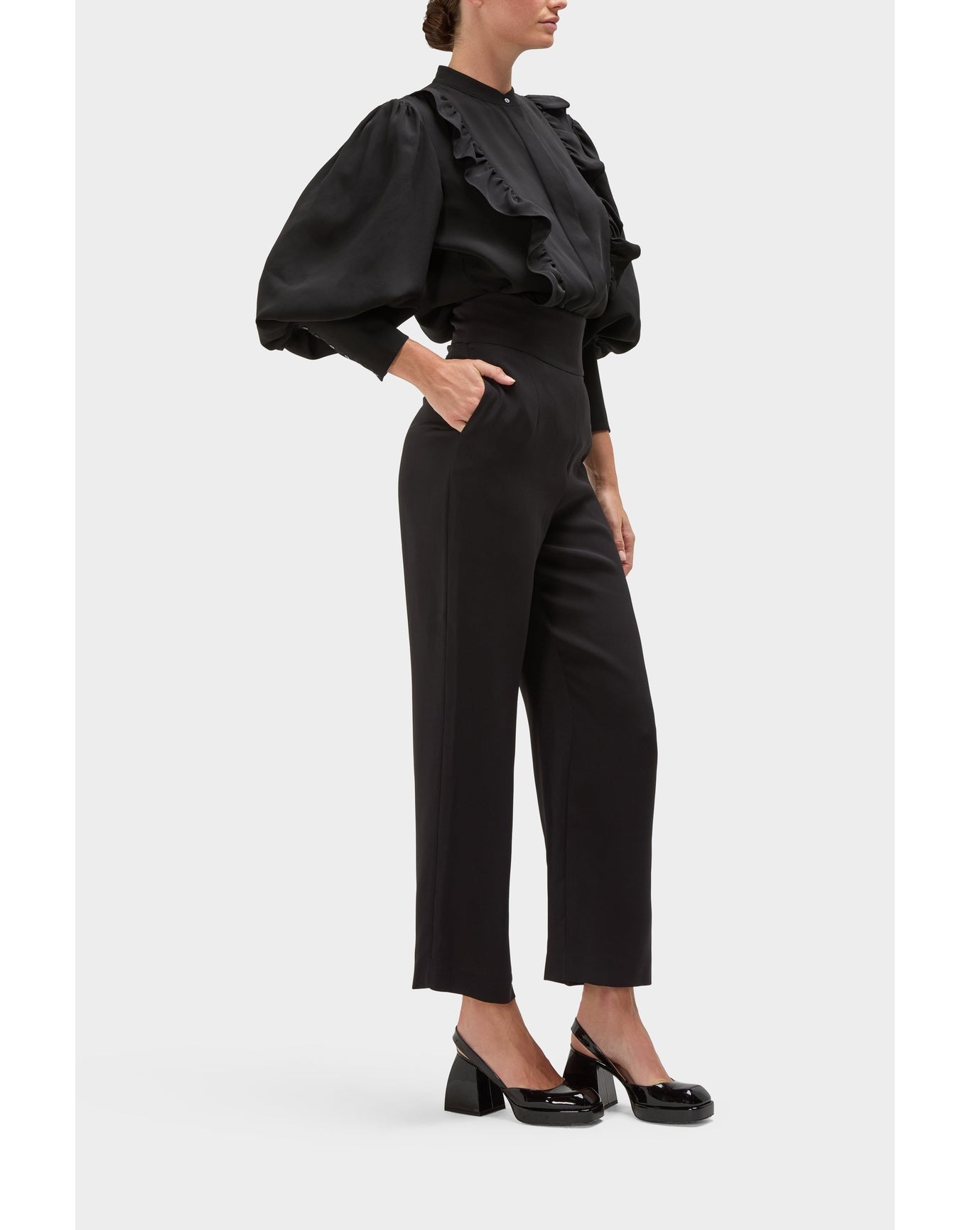 Gillian Silk Ruffle Detail Button Down Top | Black