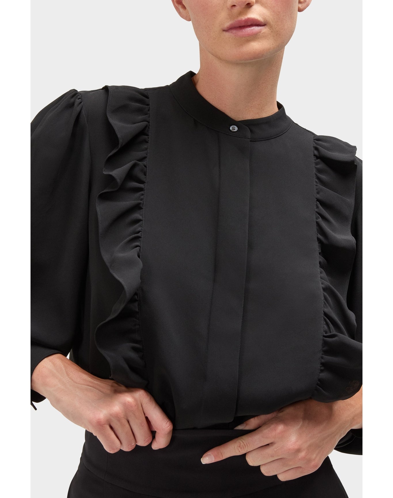 Gillian Silk Ruffle Detail Button Down Top | Black