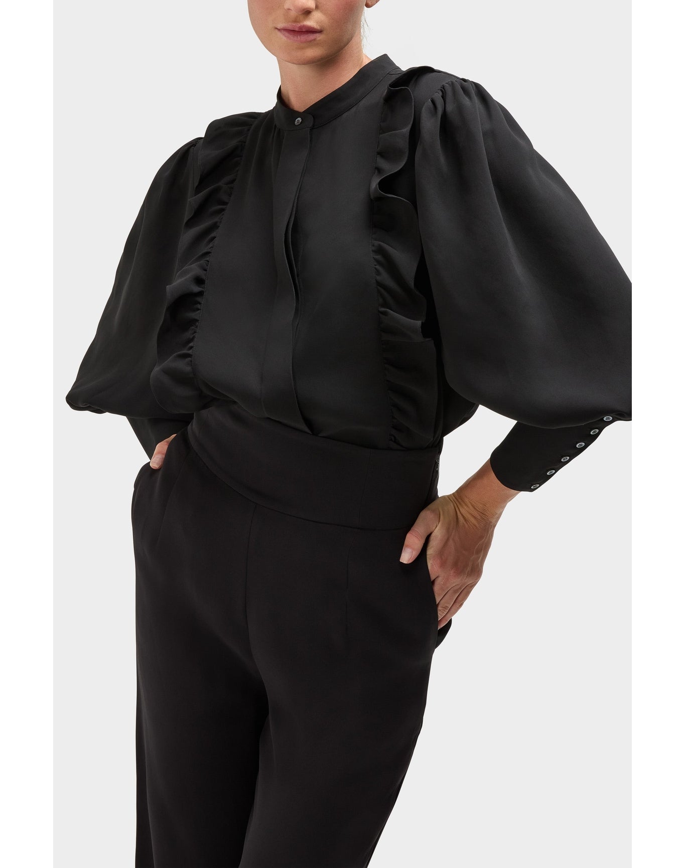 Gillian Silk Ruffle Detail Button Down Top | Black