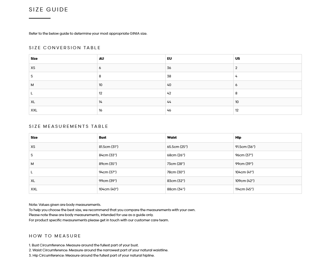 Product size guide