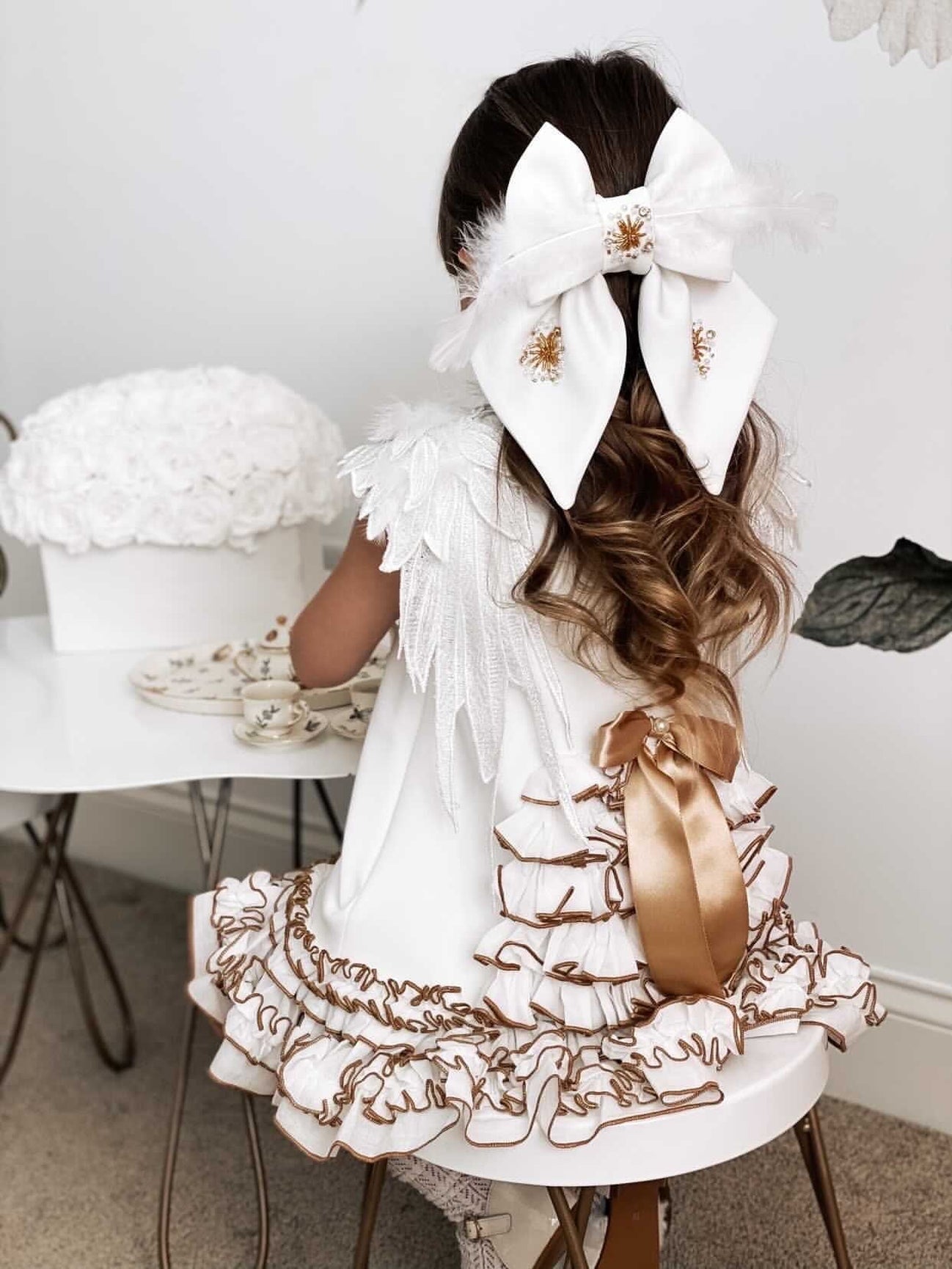 Girl | Angelina Feather Wings Dress | White x Gold