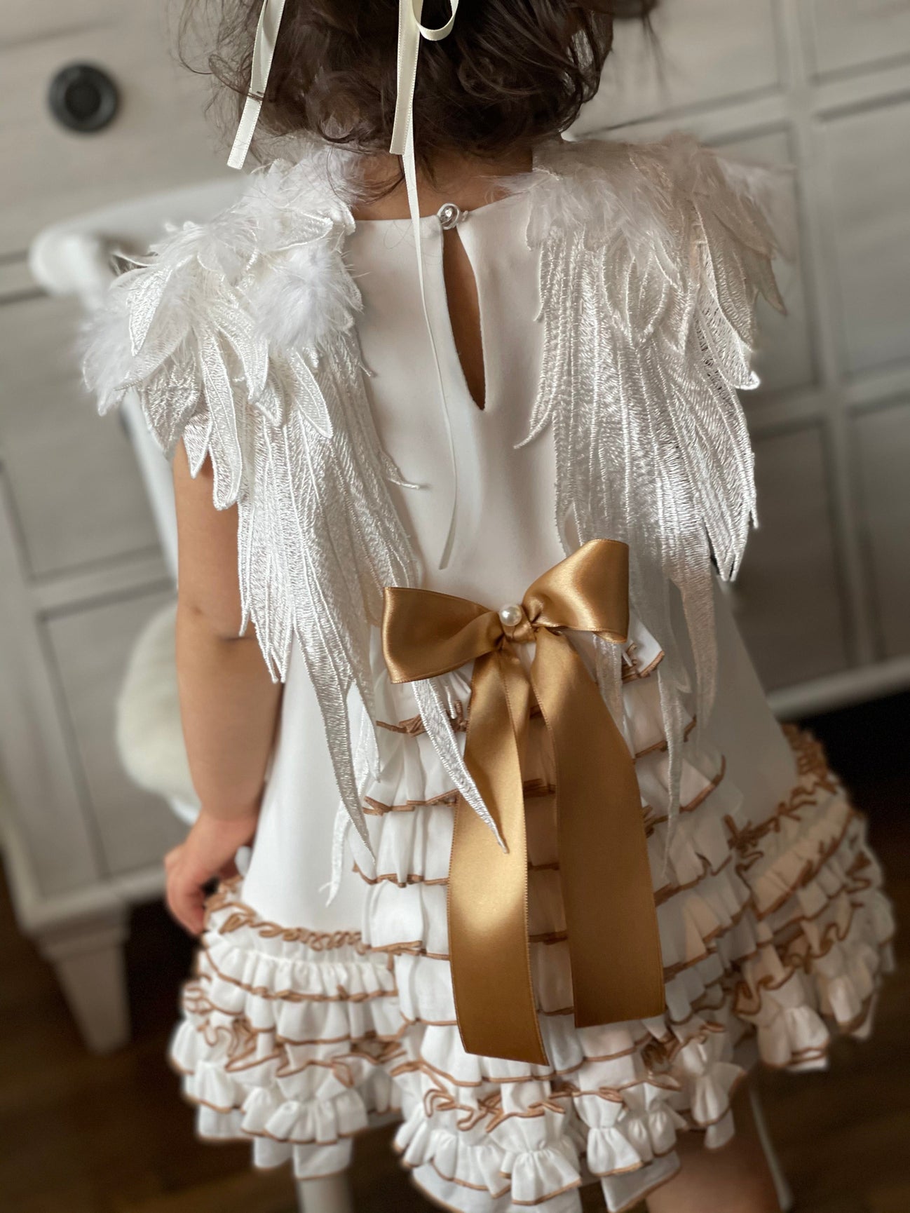 Girl | Angelina Feather Wings Dress | White x Gold