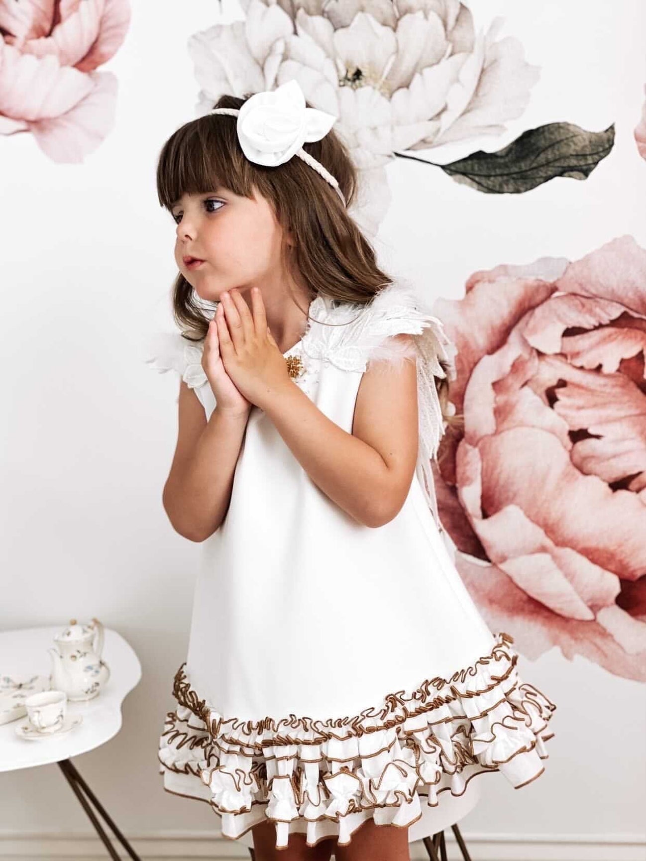 Girl | Angelina Feather Wings Dress | White x Gold