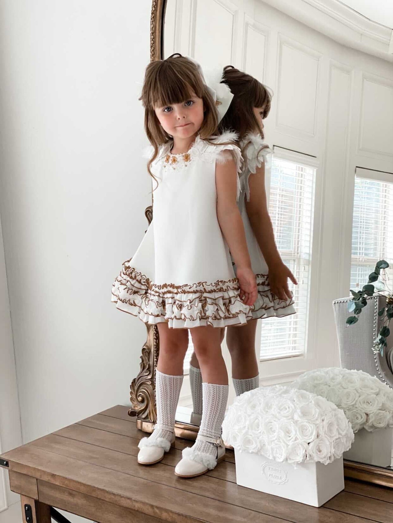 Girl | Angelina Feather Wings Dress | White x Gold