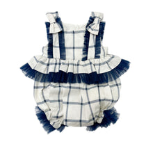 Girl | Checkered Linen Ruffle Romper | White x Navy
