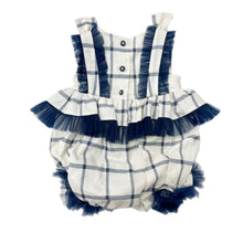 Girl | Checkered Linen Ruffle Romper | White x Navy