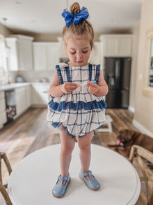 Girl | Checkered Linen Ruffle Romper | White x Navy