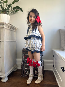 Girl | Checkered Linen Ruffle Romper | White x Navy