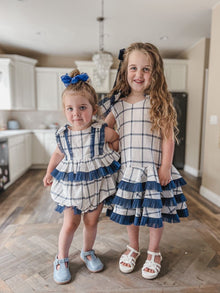 Girl | Checkered Linen Ruffle Romper | White x Navy