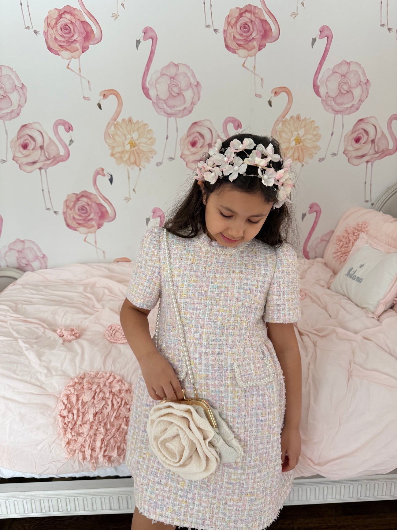 Girl | Cherry Blossom Flower Pearl Headband | White x Pink