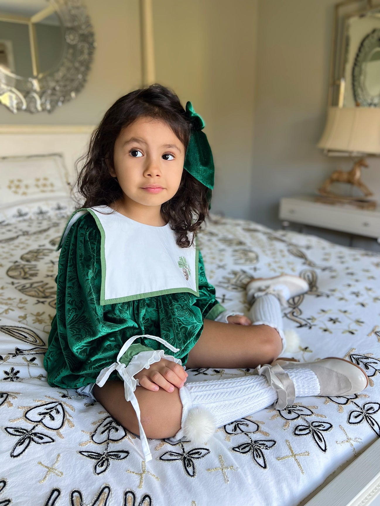 Girl | Everly Damask Velour Romper | Green