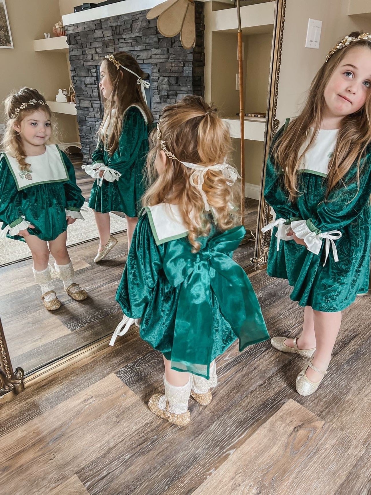 Girl | Everly Damask Velour Romper | Green