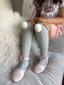 Girl | Grey Knee High Socks with Poms Pom | Gray x White