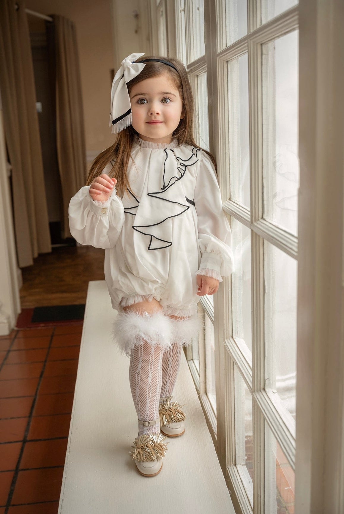 Girl | Gwen Romper with Ruffle Trim | White x Black