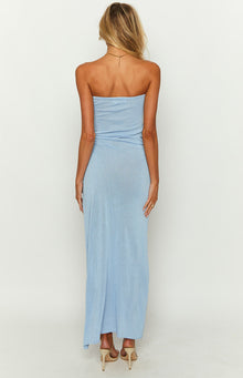 Front view of a light blue strapless knit midi dress with a side cutout and high thigh split