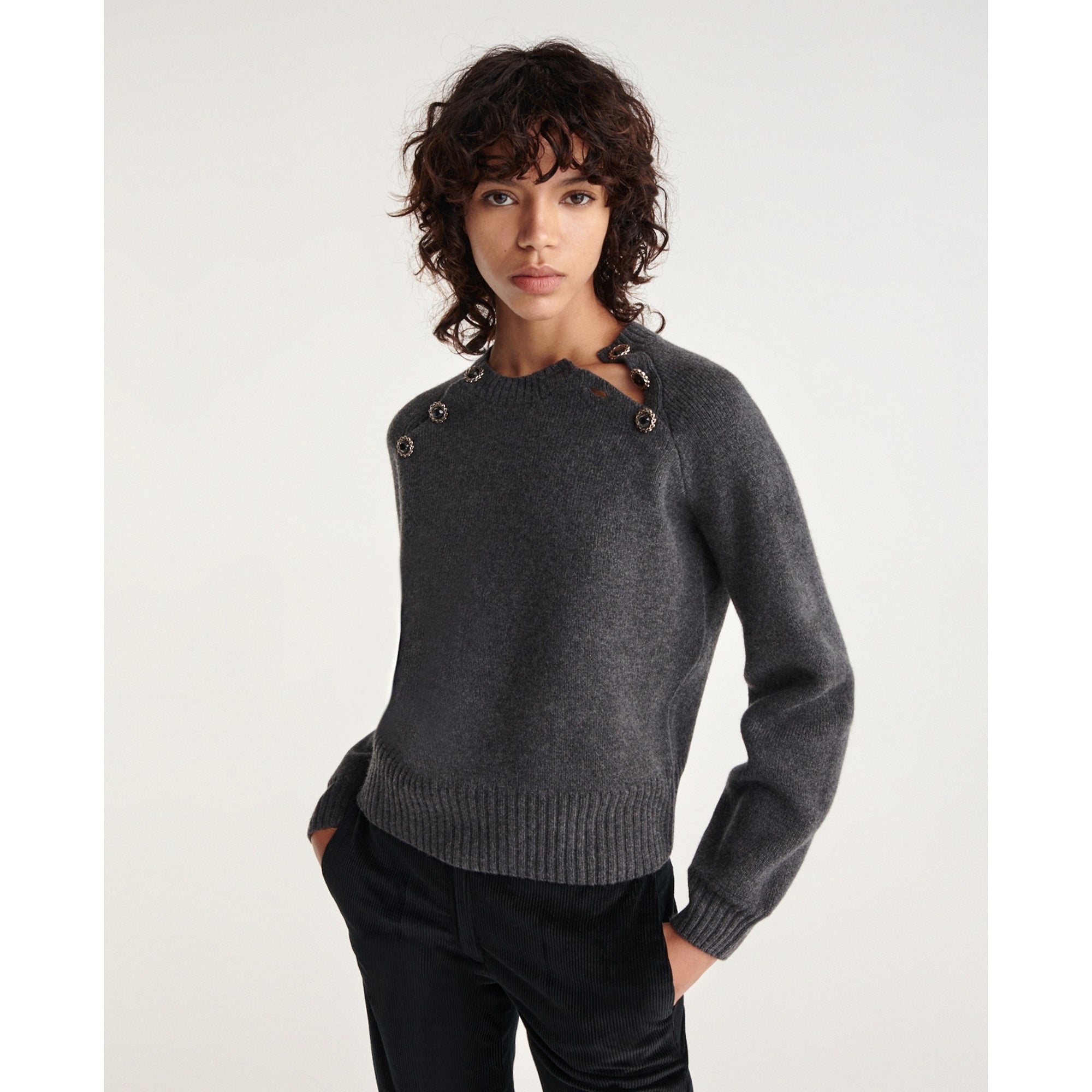 Gray Wool Sweater With Jewel Shoulder Detail | Women | Grey