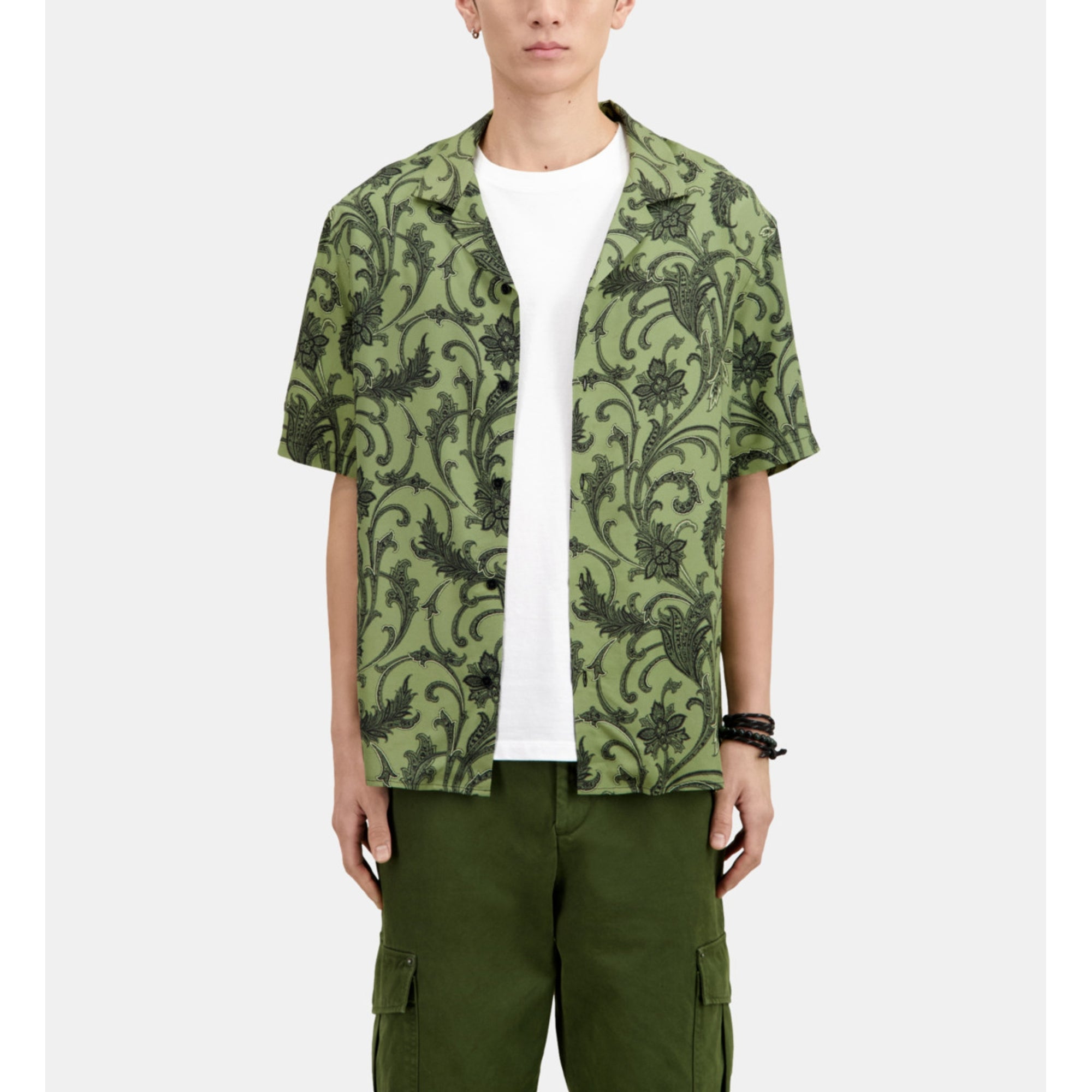 Green Printed Short Sleeve Shirt | Men | Khaki Black