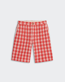 Gingham Bermuda Short - Cherry Combo with pintuck detail, front fly, side pockets, and jacquard gingham pattern.